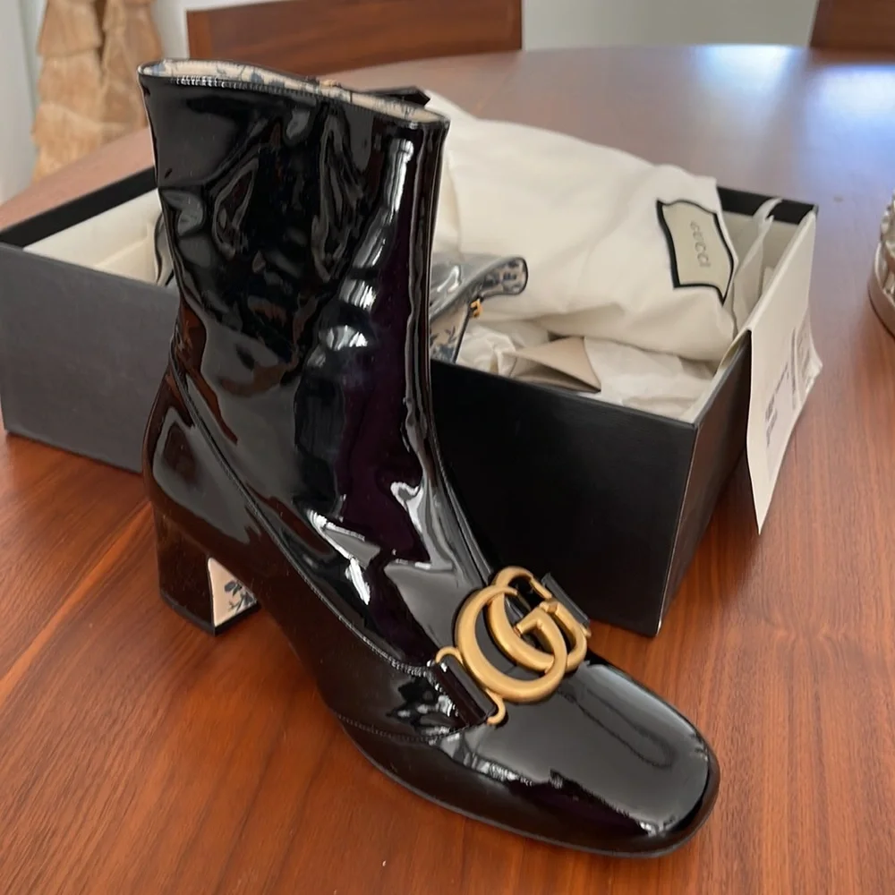 GUCCI 100% authentic,Bootie Leather Vitello Vernice, soft Nero Marmont, GG NWT - Picture 13 of 16
